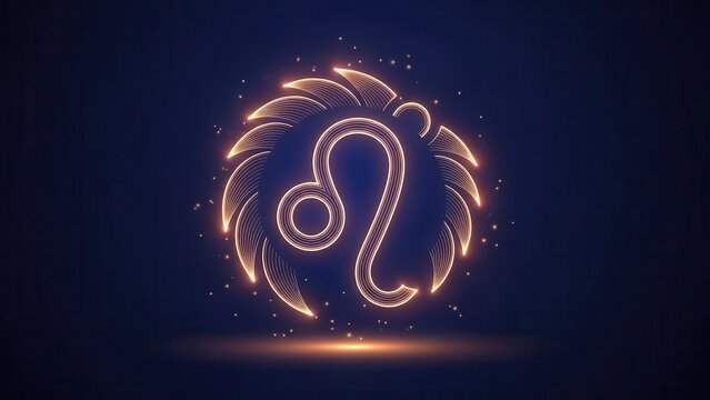 A luminous and majestic golden Leo zodiac sign symbol rendered with vibrant neon lines and radiating sparkling particles, majestically centered on a deep dark blue background with an ethereal glow and
