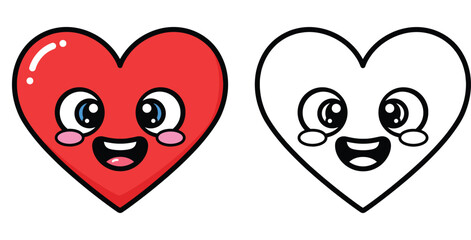 Obraz premium Cute cartoon red heart character and black and white outline vector illustration for coloring book. Happy kawaii mascot emoji icon for Valentine's Day, love, or health design.