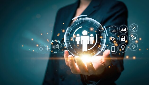 Businesswoman presenting digital human icons with technology symbols - Powered by Adobe