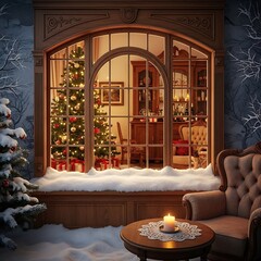 Warm interior glow illuminates a snowy scene viewed through a large arched window