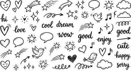 Obraz premium A collection of whimsical doodles and words on a white background