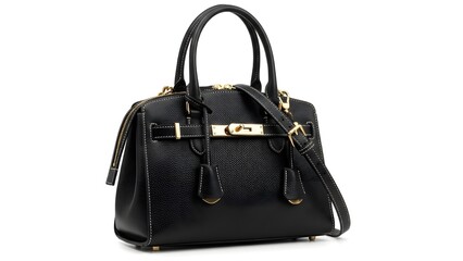 A stylish black leather handbag with gold accents on a white background