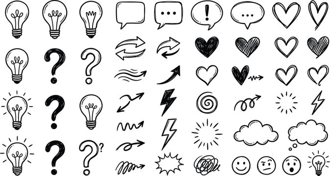 A collection of various thought and emotion icons in black and white