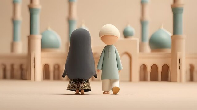 Cute figurines in front of a miniature mosque model