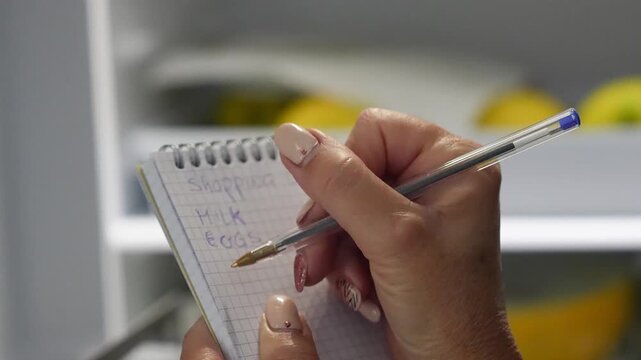 Person writing a food shopping list in the kitchen near an open fridge door