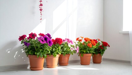 Vibrant petunia and geranium flowers in terracotta pots arranged on a sunlit floor against a white wall.