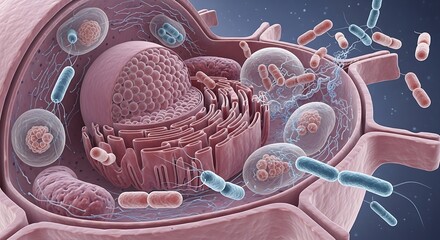 Detailed cross-section illustrating prokaryotic microorganisms invading a eukaryotic cellular structure