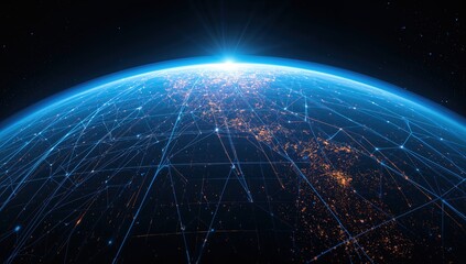 Blue planet Earth with city lights, space technology and world connectivity
