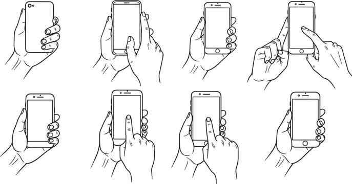 Various hand gestures holding and touching modern mobile smartphone
