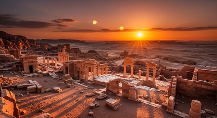 Ancient stone structures crumble under a vibrant orange desert sunset illumination
