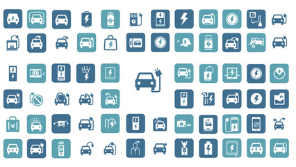 Essential icon set illustrating electric vehicle charging infrastructure and eco-friendly automotive technology for sustainable urban transport
