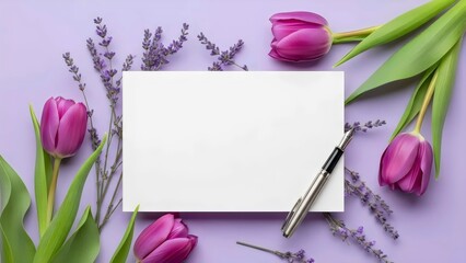 Lavender background with pink tulip flowers and pen featuring blank white center space for text.