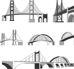 Fototapeta premium Suspension and arch bridge vector set, architectural engineering icons for infrastructure and urban design