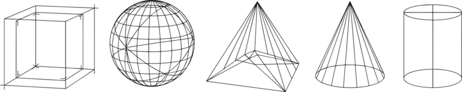 Geometric 3d shape wireframe collection with cube sphere and cone