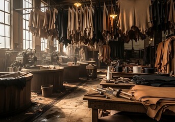 Interior view of a vintage workshop where hides undergo the tanning and finishing processes