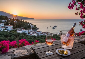 Refreshing chilled wine served on a rustic wooden table overlooking a coastal village at sunset