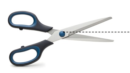 A pair of sharp scissors with blue and black handles on a white background