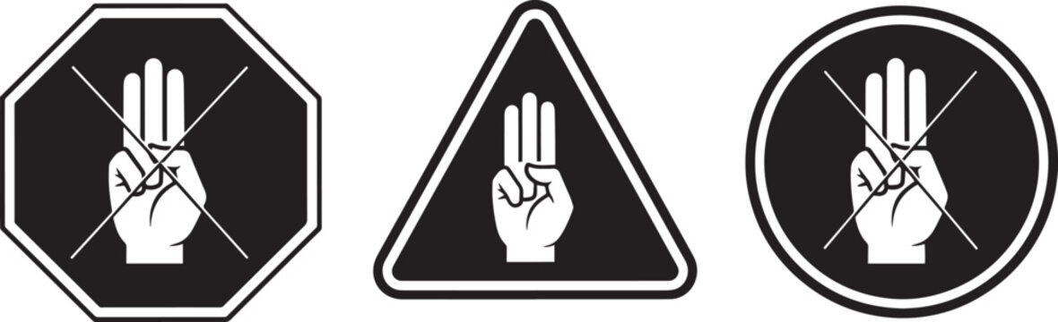 Protest and hand salute icons with three finger sign in stop frames