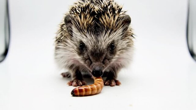 Close-up of a tiny hedgehog with spines, sniffing an orange worm on a bright white backdrop today!!