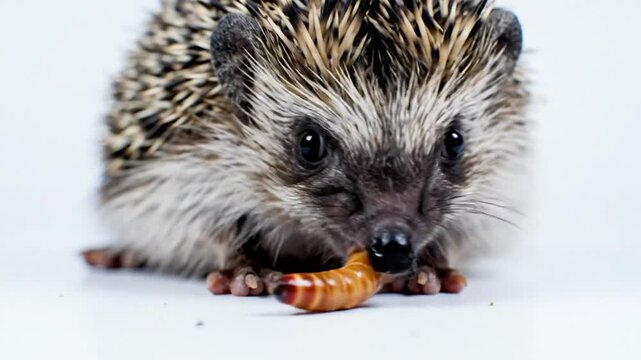 A curious hedgehog sniffs a curled snack on a white surface tiny paws ready in soft light, close view