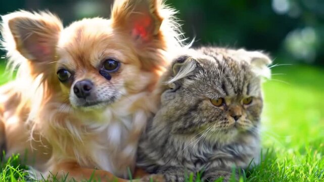 chihuahua puppy and cat on grass 