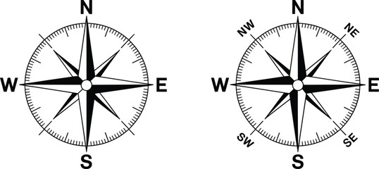 Vintage nautical wind rose compass set, north direction icons for travel and navigation design © Al
