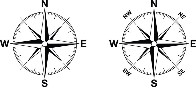 Vintage nautical wind rose compass set, north direction icons for travel and navigation design