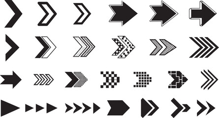 Various black arrow signs collection indicating forward direction navigation elements