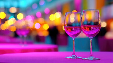 Romantic Evening with Two Wine Glasses Against a Vibrant, Colorful Bokeh Background
