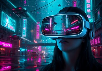 Young woman experiences augmented reality within a futuristic, neon-lit metropolis