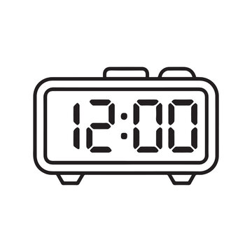 Digital alarm clock displaying 12 00 time modern minimalist graphic illustration with simple lines and bold segments clean white background symbolizing time management schedules and punctuality