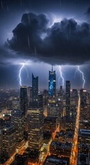 Intense electrical storm illuminates a dense metropolitan skyline from an elevated perspective at night