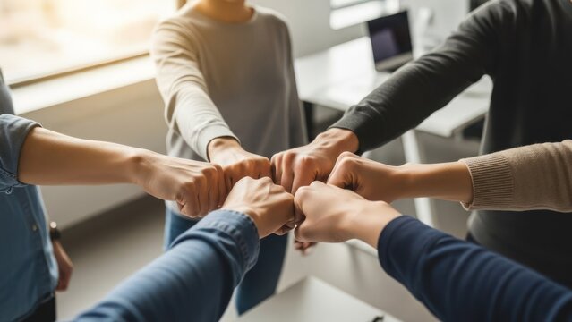 Close-up of diverse hands in a fist bump, teamwork and collaboration in focus