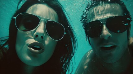 Underwater Adventure: Smiling Couple in Sunglasses Exploring Crystal Clear Ocean Waters During Vacation Fun