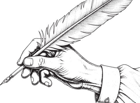 Hand holding a feather pen drawing on transparent background vector art