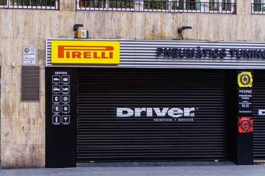 Barcelona, Spain - January 18, 2026: Pirelli and Driver tire shop facade