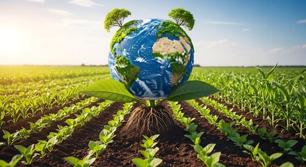 Cultivating global sustenance features a planet rooted in fertile soil amidst green rows of growing crops