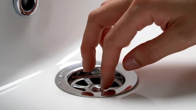 Hand covering sink drain in bathroom, with finger pressing on metal cover, on white background, for repair or maintenance