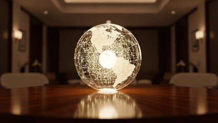 Glowing digital globe hologram on a boardroom table, dimly lit background