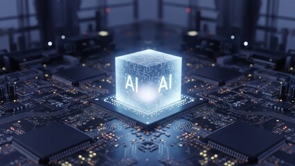 Glowing AI cube sits atop a computer circuit board, futuristic digital concept