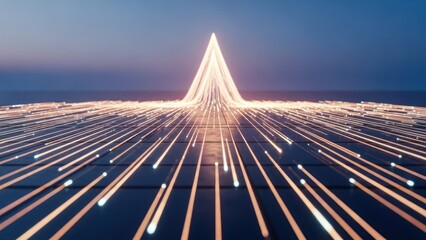 Glowing lines converge upwards, representing data flow over a dark grid, with a gradient sky