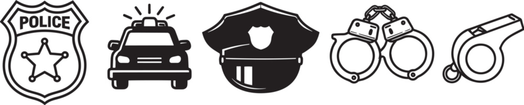 Police badge car hat handcuffs whistle icon set vector illustration