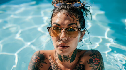 A woman with tattoos relaxes in a pool, wearing sunglasses and enjoying the warm sun on a bright day
