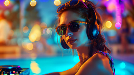 A female DJ plays music at a lively pool party filled with lights and people enjoying the summer night atmosphere
