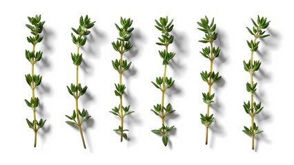 A collection of fresh thyme sprigs arranged on a white background