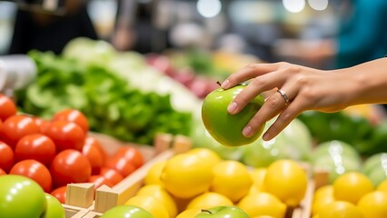 Hand picking green apple from colorful fruit and vegetable display