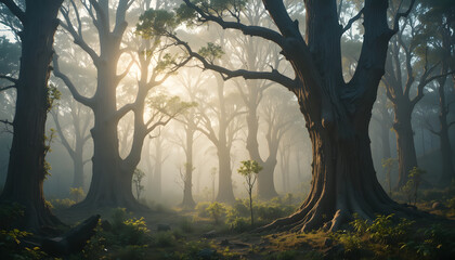Tall eucalyptus trees standing in misty forest at dawn