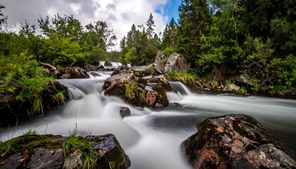 A serene landscape with a gentle stream flowing over rocks