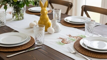 Easter Table Setting: An elegant Easter table setting adorned with festive decorations, including a charming rabbit figurine, fresh flowers, and delicate tableware.