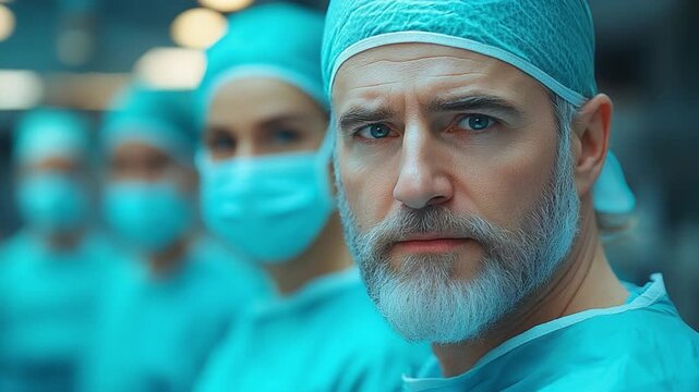 Focused Determination: A determined medical professional, adorned in surgical attire, peers intently at the viewer, leading a team of colleagues in a sterile surgical setting.